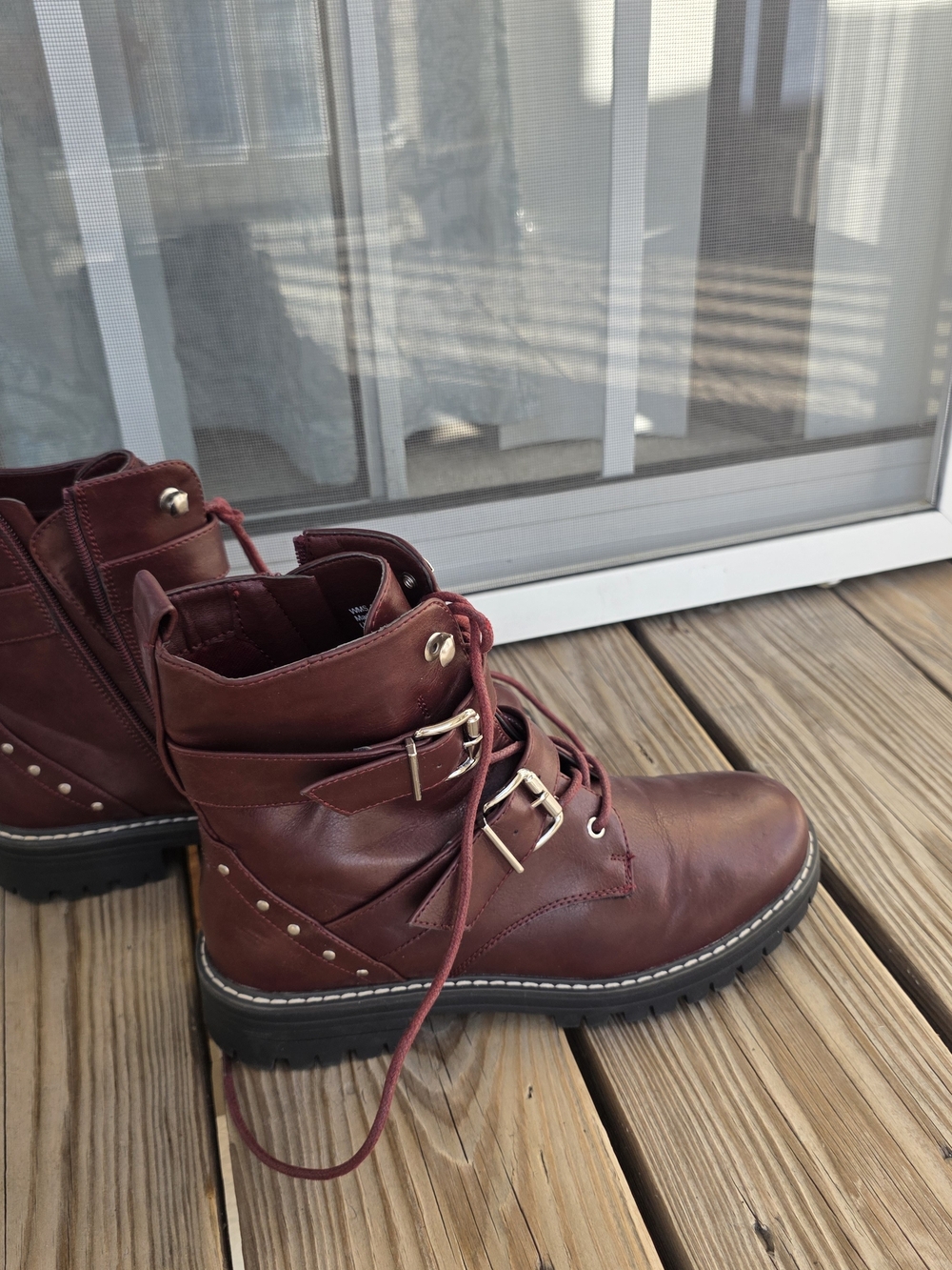 Women's Burgundy Lace-Up Combat Boots with Buckle Detail